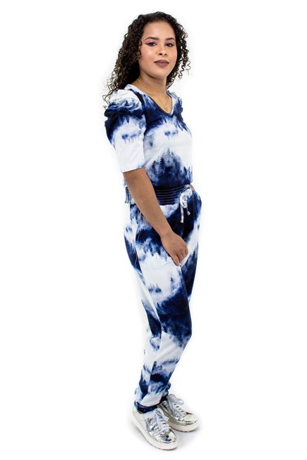 Conjunto Manga Curta Bufante Malha Tie Dy Azul e Branco