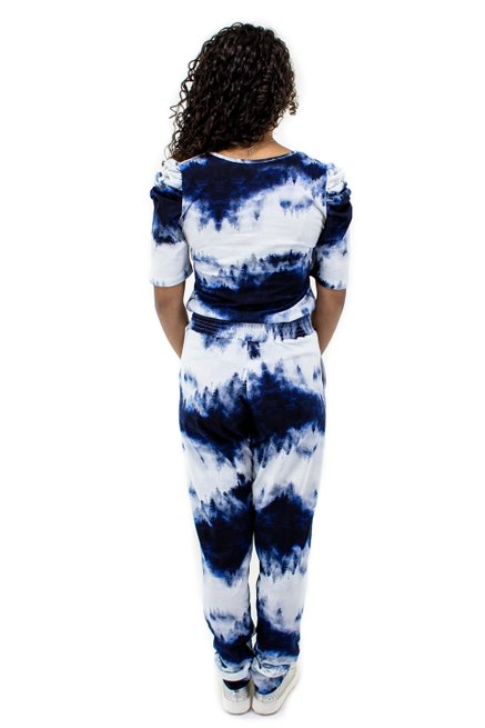 Conjunto Manga Curta Bufante Malha Tie Dy Azul e Branco