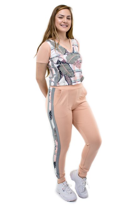 Conjunto Manga Curta Malha Crepe Estampado Penas Salmão