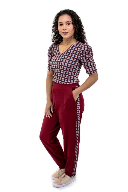 Conjunto Manga Curta Bufante Malha Crepe Estampado Xadrez Bordo