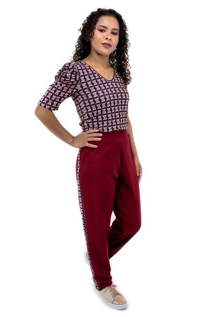 Conjunto Manga Curta Bufante Malha Crepe Estampado Xadrez Bordo