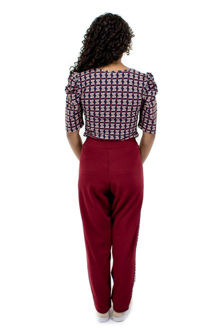 Conjunto Manga Curta Bufante Malha Crepe Estampado Xadrez Bordo