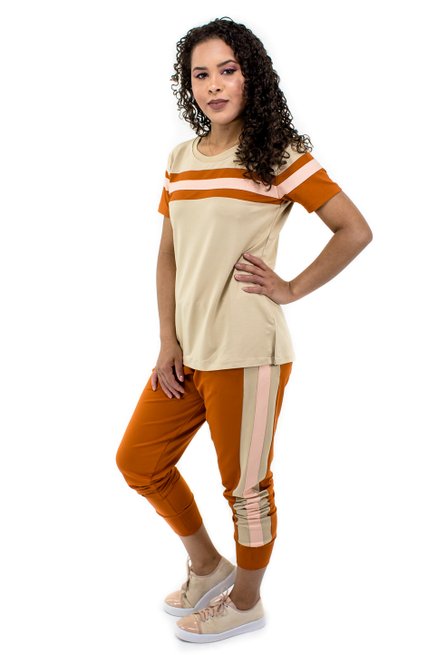 Conjunto Manga Curta Moletin Liso Bege e Laranja
