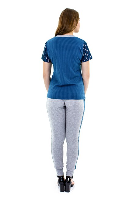 Conjunto Manga Curta Moletin Liso Cinza e Azul
