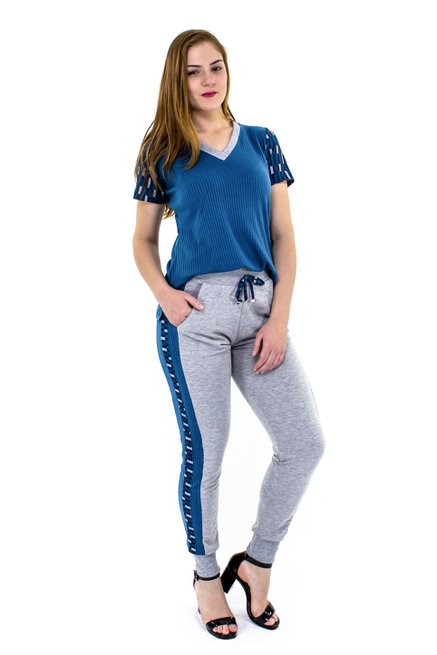Conjunto Manga Curta Moletin Liso Cinza e Azul