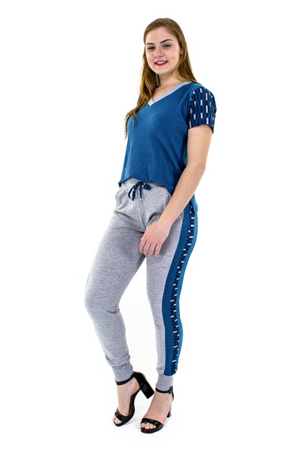 Conjunto Manga Curta Moletin Liso Cinza e Azul