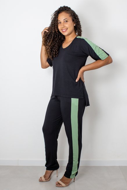 Conjunto Manga Curta Viscolycra Liso Preto