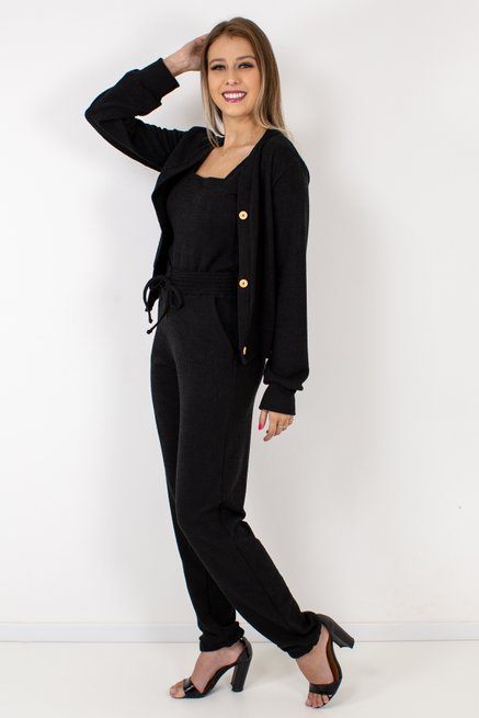 Conjunto Manga Longa Feminino Três Peças Preto