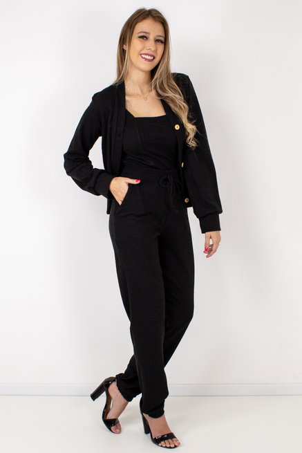 Conjunto Manga Longa Feminino Três Peças Preto