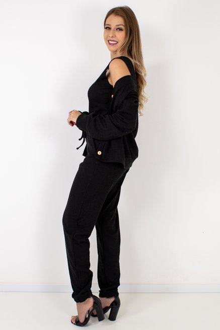Conjunto Manga Longa Feminino Três Peças Preto