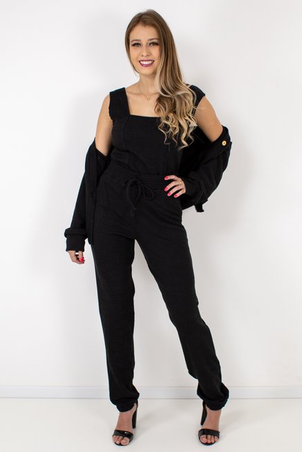 Conjunto Manga Longa Feminino Três Peças Preto