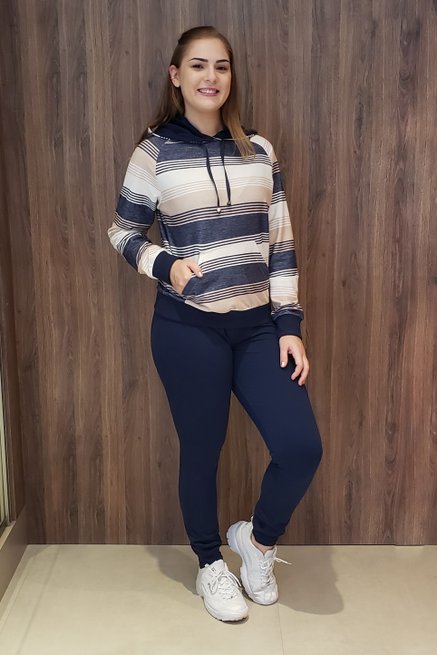 Conjunto Moletin Capuz Manga Longa Estampa Listras Azul Marinho e Nude
