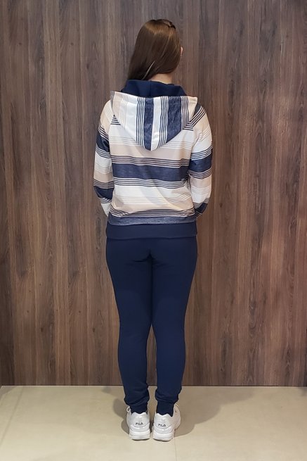 Conjunto Moletin Capuz Manga Longa Estampa Listras Azul Marinho e Nude
