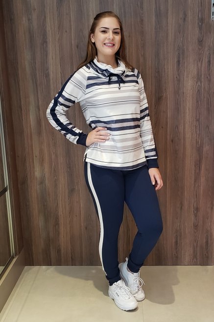 Conjunto Moletin Gola Manga Longa Estampa Listras Azul Marinho e Branco