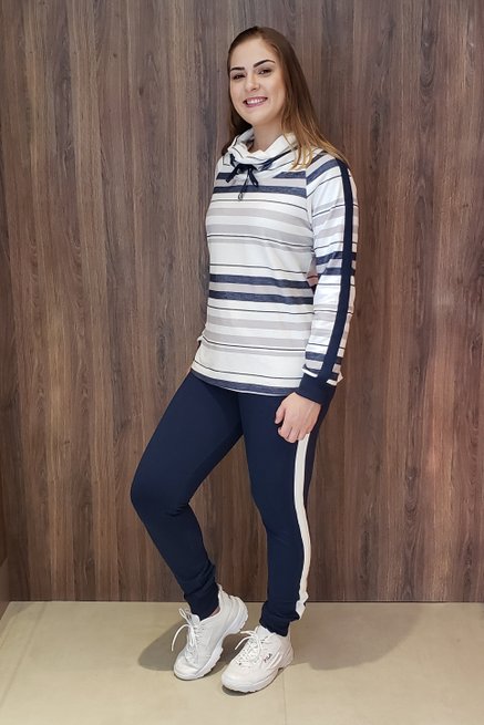 Conjunto Moletin Gola Manga Longa Estampa Listras Azul Marinho e Branco