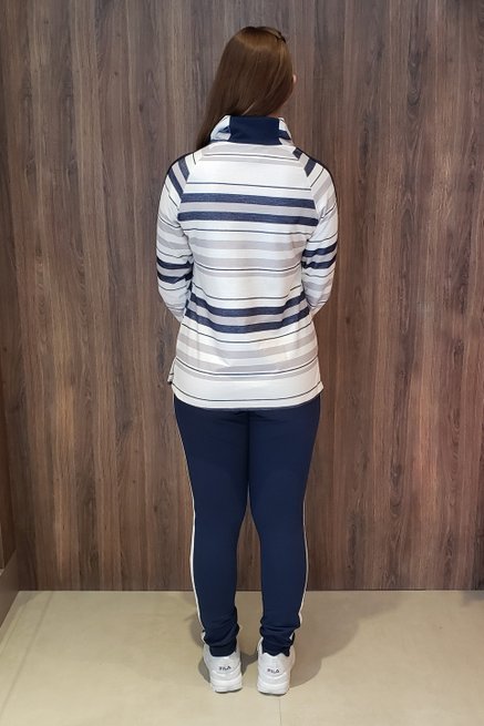 Conjunto Moletin Gola Manga Longa Estampa Listras Azul Marinho e Branco