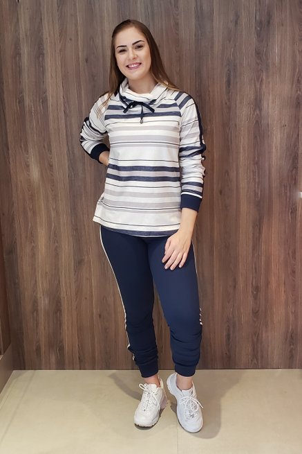 Conjunto Moletin Gola Manga Longa Estampa Listras Azul Marinho e Branco