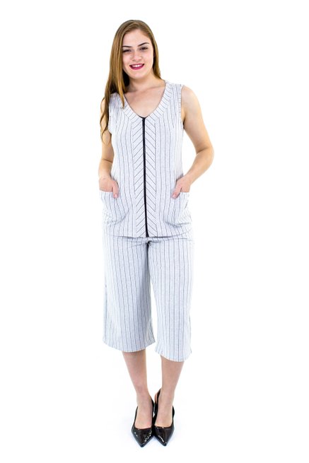 Conjunto Pantacourt Manga Curta Moletin Estampa Listras Branco