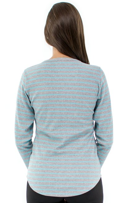 Blusa Manga Longa Meia Túnica Ritalina Estampa Listras Cinza e Azul