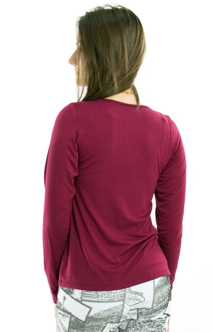 Blusa Manga Longa Decote Redondo Viscolycra Lisa Bordô