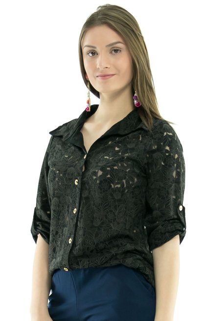 Camisão Manga 3/4 Angela Rendado Floral Preto