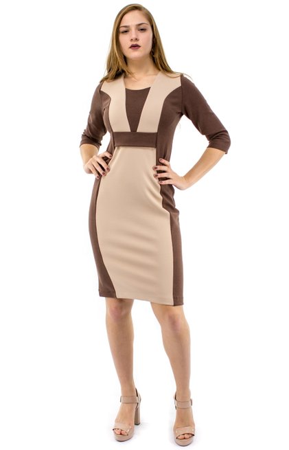 Vestido Manga 3/4 Elizete Marrom e Nude