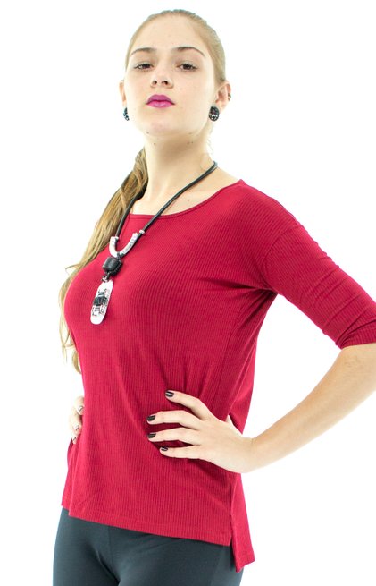 Blusa Madalena Canelada Manga 3/4 Lisa Vermelha