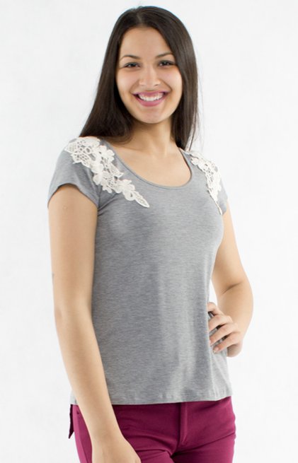 Blusa Manga Curta Básica Guipir Viscolycra Lisa Cinza Mescla