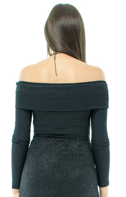 Body Canelado Manga Longa Liso Preto