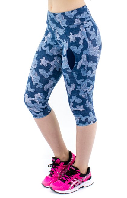 Calça Corsário Fitness Bolso Estampa Geométrica Jeans
