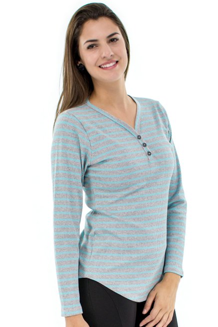 Blusa Manga Longa Meia Túnica Ritalina Estampa Listras Cinza e Azul