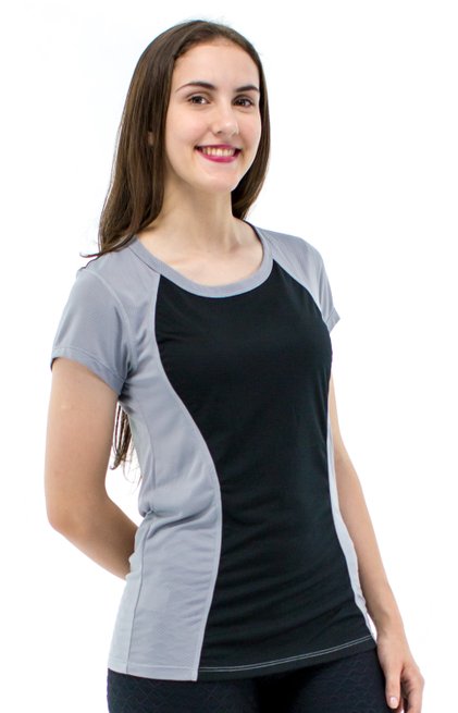 Baby Look Fitness Soninha Manga Curta DryFit Ultracool UVPro Lisa Cinza e Preto