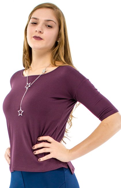 Blusa Madalena Canelada Manga 3/4 Lisa Vinho