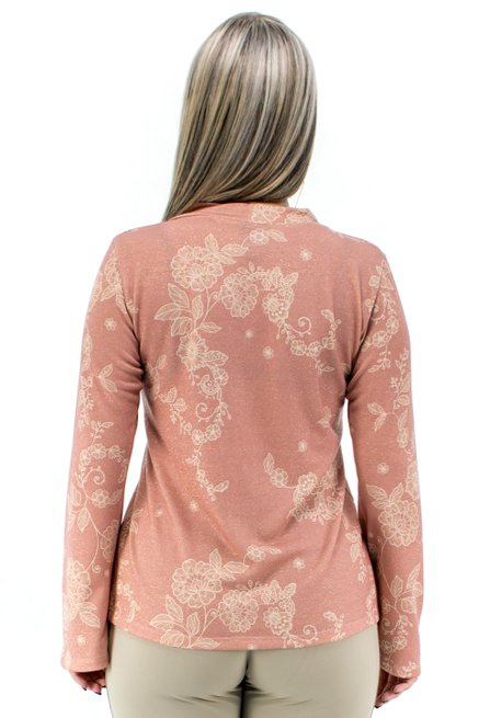 Blusa Manga Longa Gravata Estampa Floral Salmão