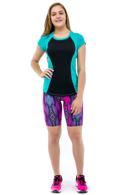 Baby Look Fitness Soninha Manga Curta DryFit Ultracool UVPro Lisa Verde Água e Preto