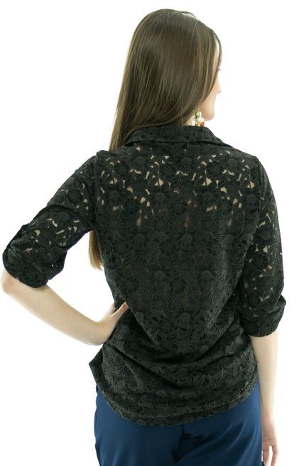 Camisão Manga 3/4 Angela Rendado Floral Preto