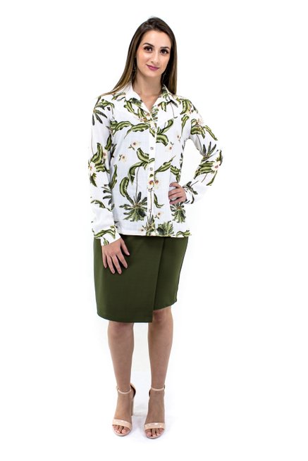 Camisa Manga Longa Laura Estampa Floral Branca
