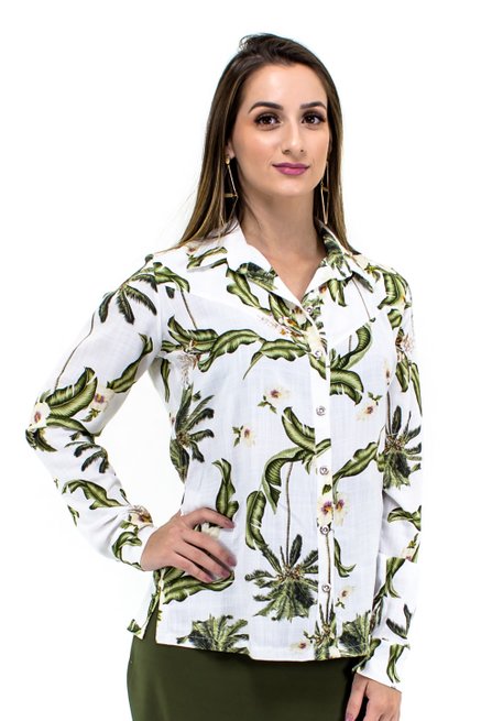Camisa Manga Longa Laura Estampa Floral Branca
