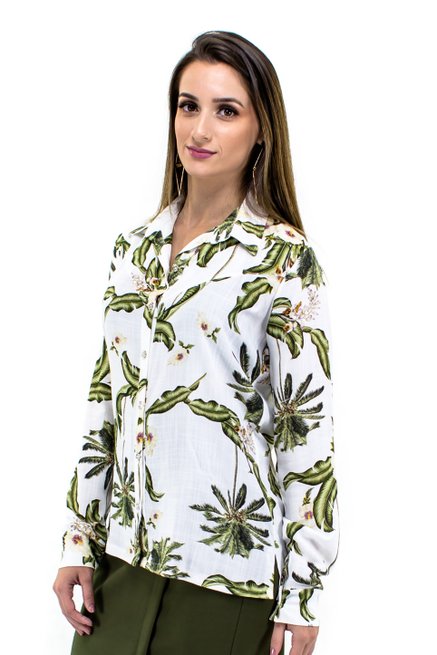 Camisa Manga Longa Laura Estampa Floral Branca