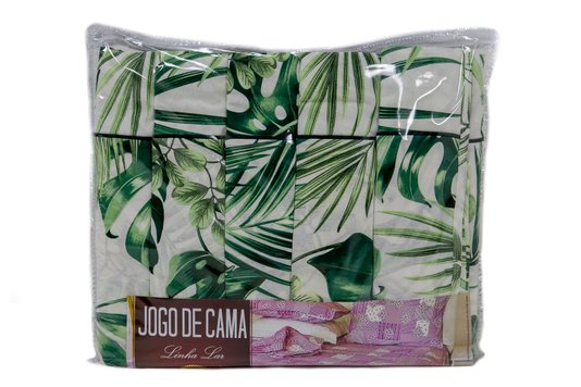 Jogo de Cama Malha Casal 4pçs Estampa Folhas Verdes