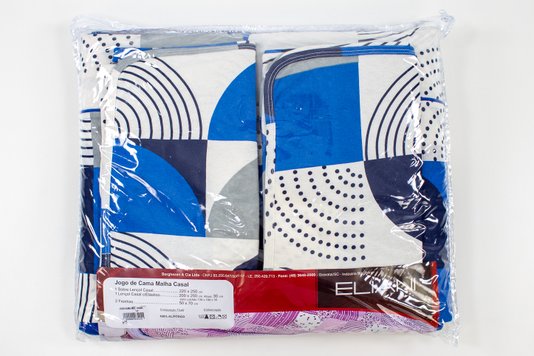 Jogo de Cama Malha Casal 4pçs Estampa Geométrica Azul e Cinza