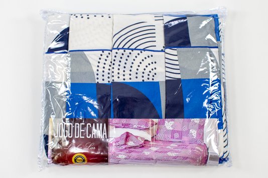 Jogo de Cama Malha Casal 4pçs Estampa Geométrica Azul e Cinza