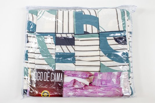 Jogo de Cama Malha Casal 4pçs Estampa Geométrica Azul e Verde