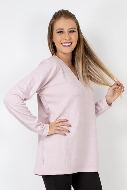 Meia Túnica Manga Longa Jacquard Lisa Rosa Claro