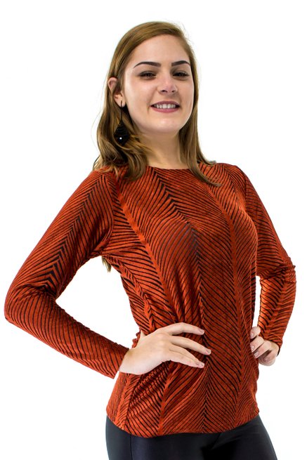 Meia Tunica Manga Longa Plush Trabalhado Geométrico Laranja