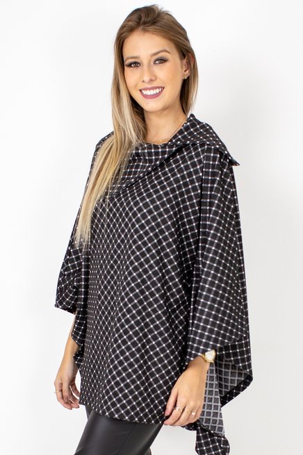 Poncho Xadrez Quadrado Jacquard Preto e Branco