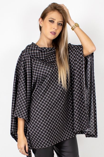 Poncho Xadrez Quadrado Jacquard Preto e Branco