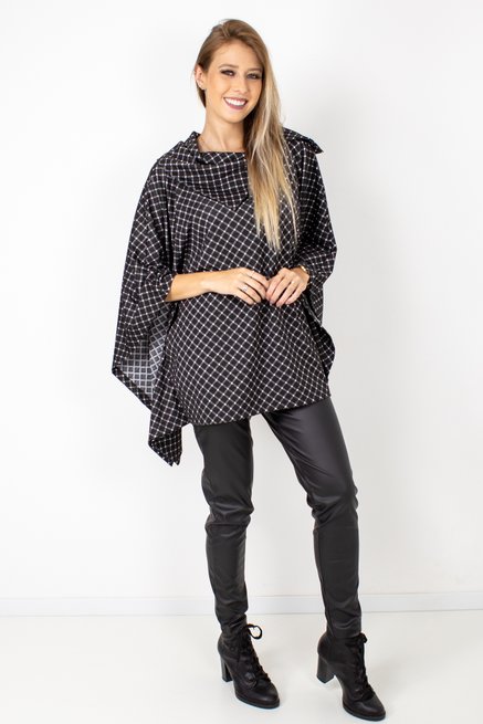 Poncho Xadrez Quadrado Jacquard Preto e Branco