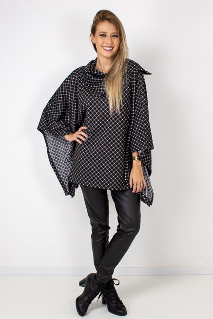 Poncho Xadrez Quadrado Jacquard Preto e Branco