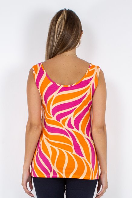 Regata Feminina em Malha Viscolycra Estampa Abstrata Rosa e Laranja